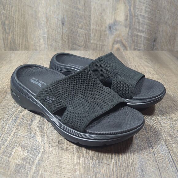 Skechers Arch Fit Go Walk Wedge Slide Sandal Womens 8 Black Comfort - Picture 1 of 13